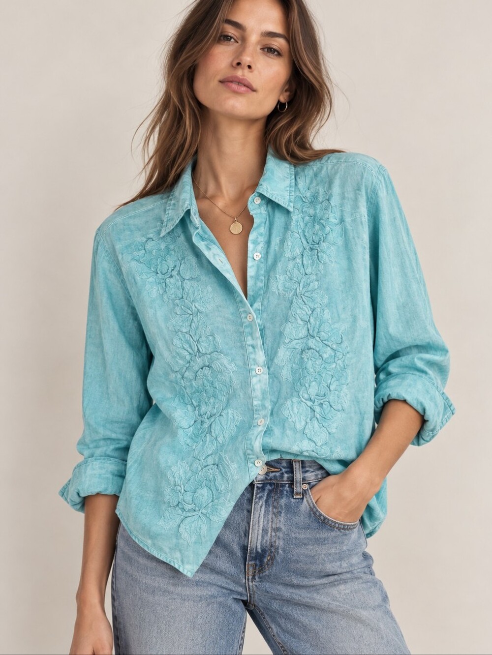 VINTAGE GOA Indian Embroidered Sun Washed Turquoise Button Down Shirt Medium